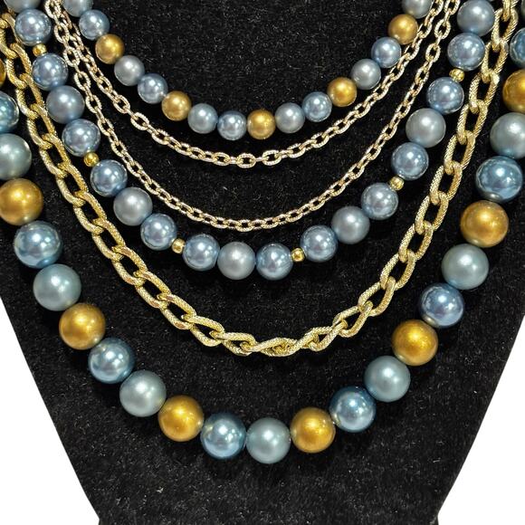 Vintage multistrand necklace dramatic beads & chains blue & gold mid century - Picture 2 of 6